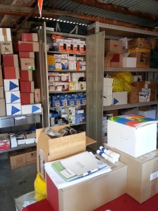 Shelves of diabetes supplies ready to go.